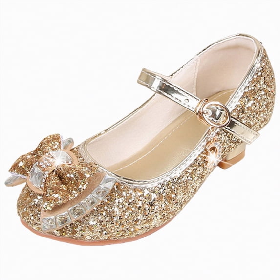 Linfrsh Princess Shoes Toddler Girls Dress Shoes Low Heel Princess Flats Flower Wedding Party Glitter Shoes for Kids Toddler(Gold,Size1.06)