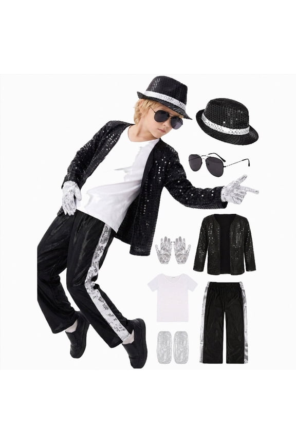 Rock Super Star Sequin Gloves Black Hat Sunglass for 80s 90s Themed costume(Black,4-5 Years)