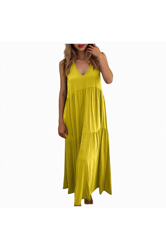 Sexy Backless Dress Women's Casual Sleeveless Deep V Neck Summer Beach Maxi Long Dress(Yellow,2XL)