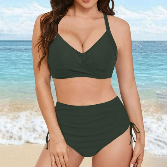 Linfrsh Sexy Bikinis for Women V Neck Knot Twist Front Push Up High Waisted Cheeky Two Piece Swimsuit Green,L