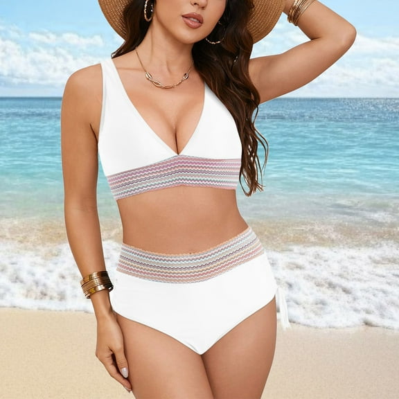 Linfrsh Sexy Bikinis for Women V Neck Knot Twist Front Push Up High Waisted Cheeky Two Piece Swimsuit White,3XL