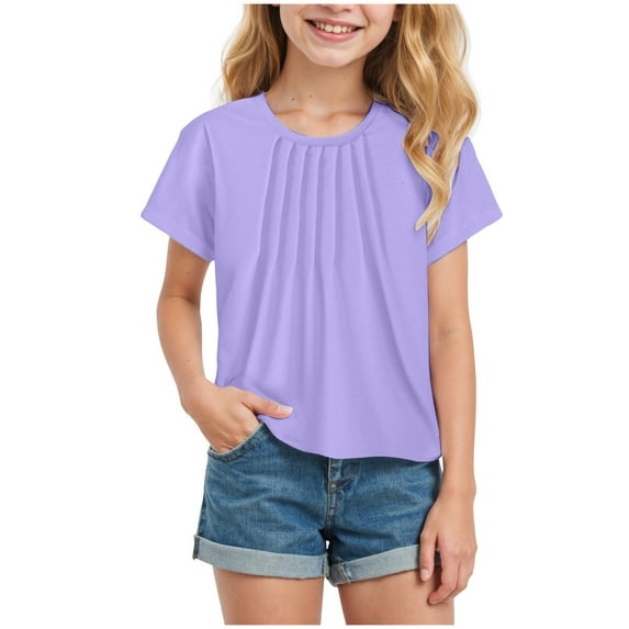 Linfrsh Shirts for Teen Girls Girls Casual Short/Long Sleeve T Shirts Kids Loose Soft Striped Color Block Tunic Tops, Tees Blouses(Purple,Size 7-8 T)