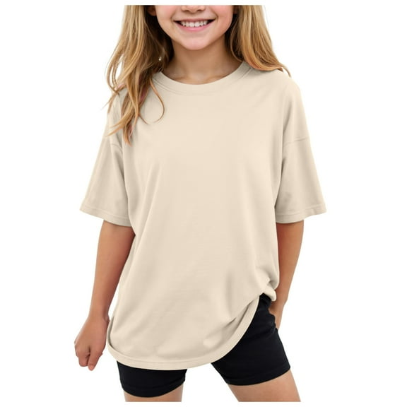 Linfrsh Kids Tshirts Girls Short Sleeve Graphic Pocket T-Shirts Casual Cotton Tee Tops Blouse(Beige,Size 4-5 T)