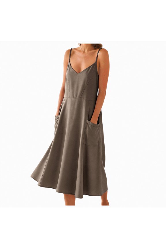 Summer Halter Dress Womens Summer Casual Slip Dresses Spaghetti Strap Double Lined Bodycon Maxi Dress(Coffee,L)