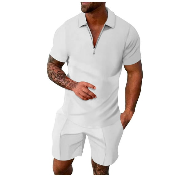 Linfrsh Summer Outfits for Men 2 Piece Fashion Short Sleeve Casual Muscle Gym Workout Shirt Shorts Sets Breathable Jogging Tracksuit Z1-White,S