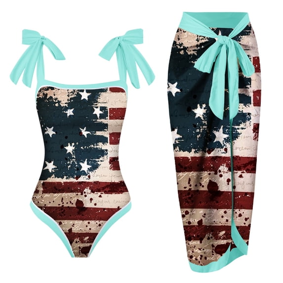 Linfrsh Swimming Suits for Women 4th of July Swimsuit for Women Blue Distressed USA Flag Independence Day Womens Swimsuit Bikini Set Ruffles Bathing Suit Mint Green,2XL