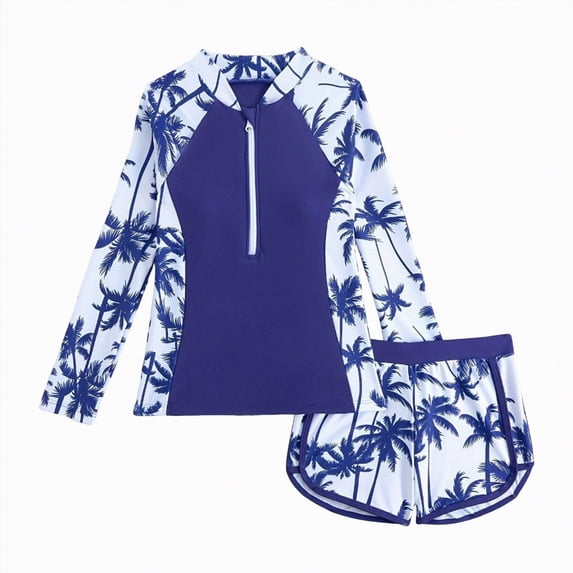 Linfrsh Swimsuits for Girls Girls' Long Sleeve Rashguard UPF 50 Two Piece Swim Set(Blue,11-12 Years)