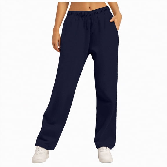Linfrsh Tall Sweatpants for Women Straight Leg Sweatpants for Women, Fleece Loose Fit Open Bottom Lounge Womens Sweatpants with Pockets Dark Blue,L