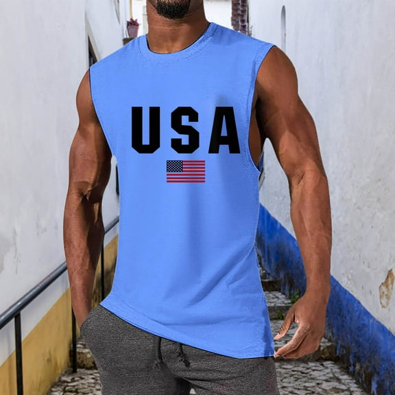 Linfrsh Tank Tops for Men Breathable Sleeveless Round Neck T Shirt Tops Loose Running Ribbed Tank Top Men Blue,S