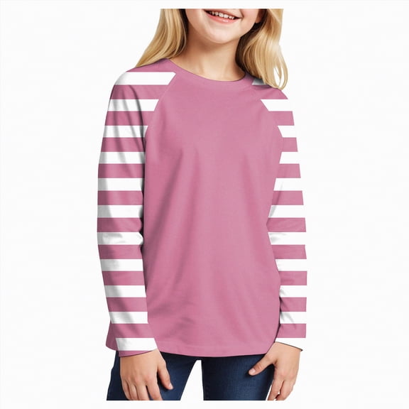 Linfrsh Teen Girl Long Sleeve Shirts Girls Casual Long Sleeve T Shirts Kids Loose Soft Striped Color Block Tunic Tops, Tees Blouses Hot Pink,12-18 Months
