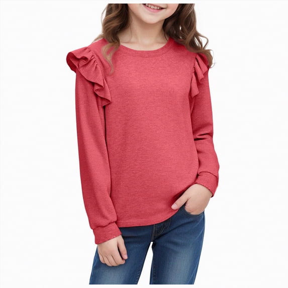 Linfrsh Teen Girl Long Sleeve Shirts Girls Long Sleeve Shirts Soft Cotton Long-Sleeve T-Shirts Tagless Basic Tees for Teen Girls Youth Red,7-8 Years