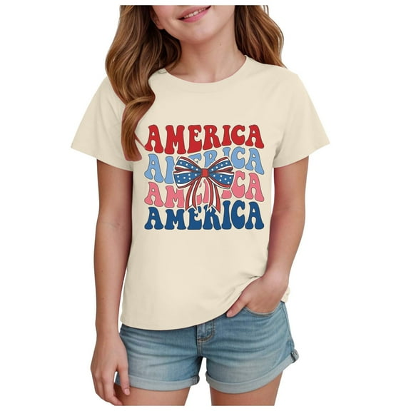 Linfrsh Teen Girl Shirts Girls Summer T Shirts Kids Casual Crewneck Short Sleeve Loose Basic Tee Tops(Beige,Size 5-6 T)
