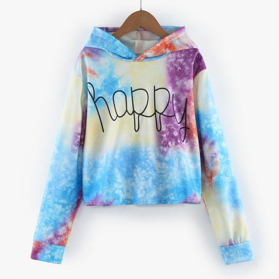 Linfrsh Teen Kids Girls Letter Long Sleeve Tie Dyed Short Hoodies Sweatshirts Pullover Tops Clothes Baby Cute Clothing Blue,6-7 Years