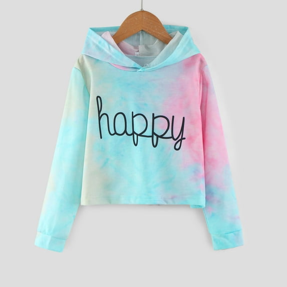 Linfrsh Teen Kids Girls Letter Long Sleeve Tie Dyed Short Hoodies Sweatshirts Pullover Tops Clothes Multicolor,6-7 Years
