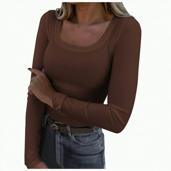 Linfrsh Thermal Long Sleeve Women Womens Long Sleeve Shirts Crew Neck Stretchy Fitted Ribbed Tops Basic Base Layer Soft Thermal Undershirts Tee Brown,XL