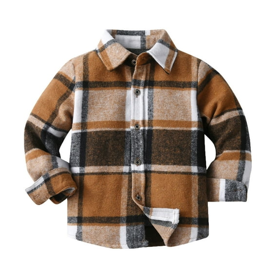 Linfrsh Toddler Baby Boys Girls Jacket Plaid Flannel Long Sleeve Button Down Shacket Kids Boy Coat Fall Winter Top Coffee,12-18 Months
