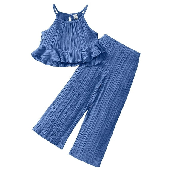 Linfrsh Toddler Baby Girl Clothes Ruffle Halter Shirt Top Solid Pants Set Toddler 2pcs Outfit Summer Clothes Blue,5-6 T