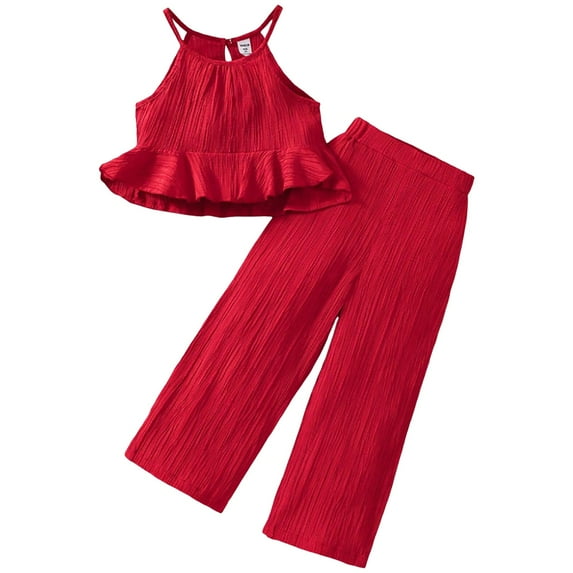 Linfrsh Toddler Baby Girl Clothes Ruffle Halter Shirt Top Solid Pants Set Toddler 2pcs Outfit Summer Clothes Red,4-5 T
