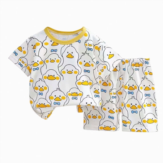 Linfrsh Toddler Boy Clothes Outfits Cartoon Print Tee + Shorts 2 Pieces Summer Shorts Set, Shorts Set(Light Yellow,18-24 Months)