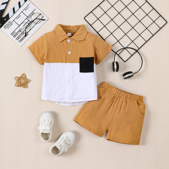 Linfrsh Toddler Boy Summer Clothes Short Clothes Sets Cotton Crewneck Tees Shorts Beach Outfits 2t Boy Summer Outfits(Yellow,3-4 t)