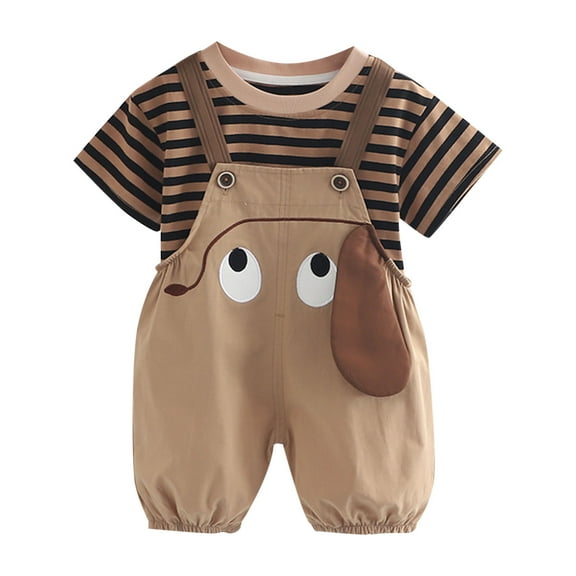 Linfrsh Toddler Boy Summer Outfits Toddler Baby Boy Trendy Outfit Short Sleeve T-Shirt Elastic Waist Shorts 2pcs Set Summer Clothes(Khaki,Size 3-4 T)