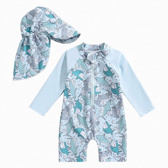 Linfrsh Toddler Boy Swimsuit Baby Boy Rash Guard Swimsuit Set with Sun Hat - Long Sleeve Zip One Piece Toddler Bathing Suit for Beach & Pool(Light Blue,3-6 Months)