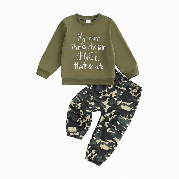 Linfrsh Toddler Boys Fall Winter Outfits Sweatshirt Camo Pants Set 12M-5T Long Sleeve Top Letter Print Pullover Sweatshirt Fall Winter Clothes