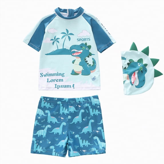 Linfrsh Toddler Boys Swim Set Toddler Baby Boys Swimsuit Short Sleeve Rash Guard Swimwear Baby Boy Swim Trunk with Hat Set 3-Piece Toddler Bathing Suit(Sky Blue,2-3 Years)
