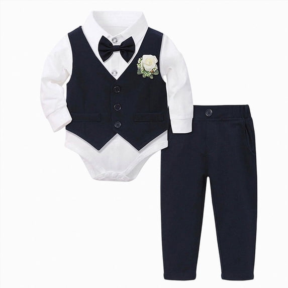 Linfrsh Toddler Clothes Boy Boys Gentleman Suit One Year Birthday Dress Vest Three Piece Set Outfit Toddler Gift 3 6 12 18 24 Months 2T 3T Outfits Navy,0-3 Months