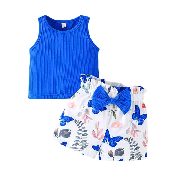 Linfrsh Toddler Girl Clothes Baby Girl Summer Outfits Sleeveless Bow Knot Tank Shirts Tops   Shorts Clothing 2Pcs Sets Blue,12-18 Months
