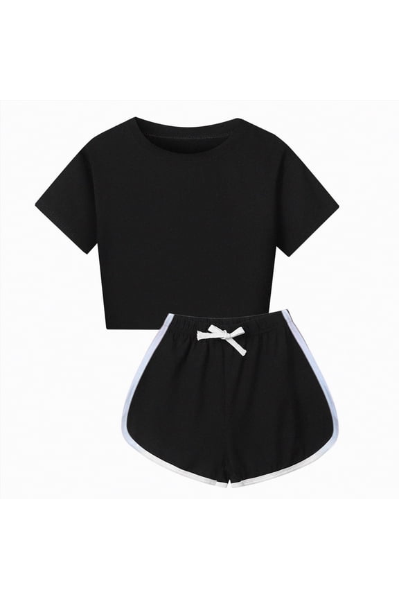 Toddler Girl Outfit Kid Toddler Girl Clothes Summer Ruffle Sleeve Figure Graphic Shirt + Shorts Summer Outfits Set(Black,11-12 Years)