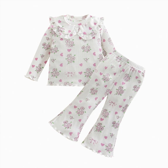 Linfrsh Toddler Girls Fall Outfits Toddler Baby Girl Set Fall Winter Sleepwear Loungewear | Bows Long Sleeve Shirt Ribbed Knit Top and Pants 2Pcs Set