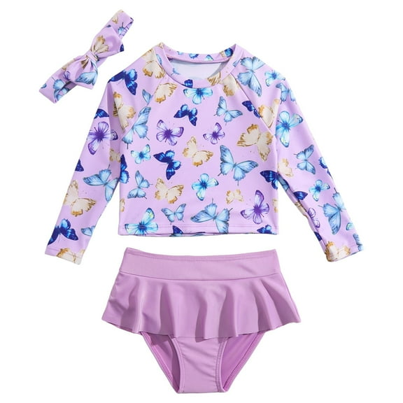 Linfrsh Toddler Girls Swimsuit Rash Guard Set Kids Long Sleeve Bathing Suits and Bikini Bottom Headband Summer Beach Swimwear for Little Girl 3pcs Outfit Purple,6-7 t