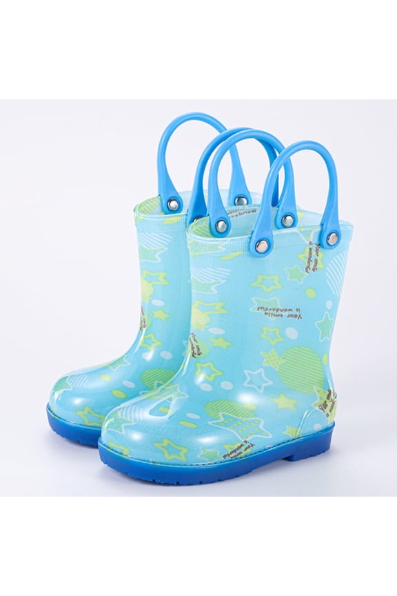 Toddler Kids Glitter Light Up Waterproof Rain Boots for Girls Sparkle Rainbow Rain Shoes with Easy On Handles Sky Blue,5-6 Years