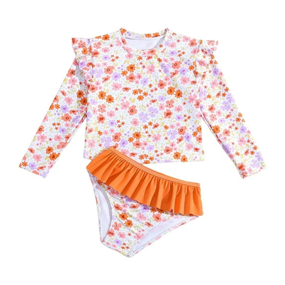 Linfrsh Toddler and Little Girls Swimsuit Two Piece Rash Guard Sets Summer Beach Breathable Kids Long Sleeve Bathing Suits Tankini with Bikini Bottoms Girls' Swimwear Orange,6-7 t