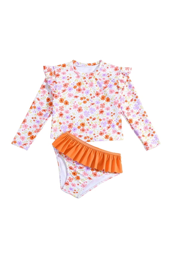 Toddler and Little Girls Swimsuit Two Piece Rash Guard Sets Summer Beach Breathable Kids Long Sleeve Bathing Suits Tankini with Bikini Bottoms Girls' Swimwear Orange,6-7 t