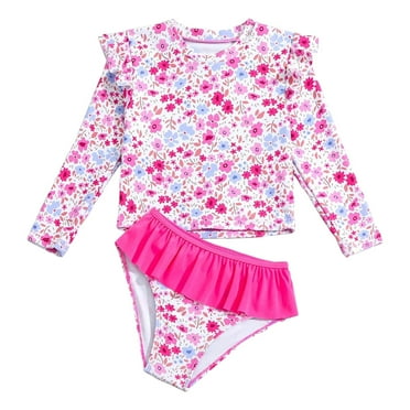 Linfrsh Toddler and Little Girls Swimsuit Two Piece Rash Guard Sets Summer Beach Breathable Kids Long Sleeve Bathing Suits Tankini with Bikini Bottoms Girls' Swimwear Hot Pink,3-4 t