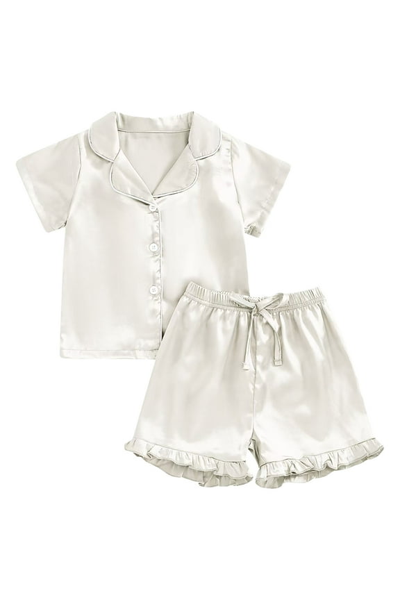 Toddler Pajamas 4t Satin Pajama Sets Unisex Boys and Girls Silk Button Soft Comfortable Short Sleeve & Shorts & Pants Sleepwear 2pcs Pjs(Beige,Size 8-9 T)