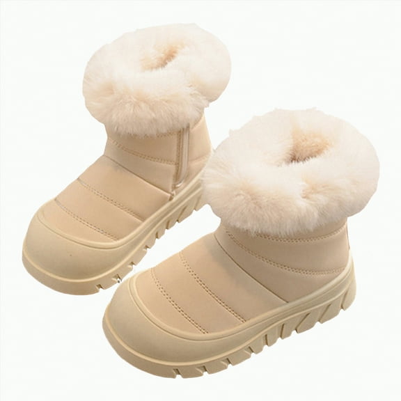 Linfrsh Toddler Snow Boots Girls & Toddler' Faux Fur Shearling Style Boots, Girls Warm Winter Flat Non-Slip Zip Snow Boots for Indoor Outdoor(Toddler/Little Kid/Big Kid) Beige,6.5