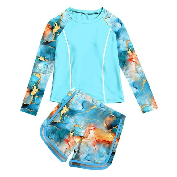 Linfrsh Toddler Swimsuit Girl Girls Swimsuits Two Piece Tankini Tropical Print Bathing Suits and Shorts Summer Beach Rash Guard Swimwear(Blue,Size 4-5 T)