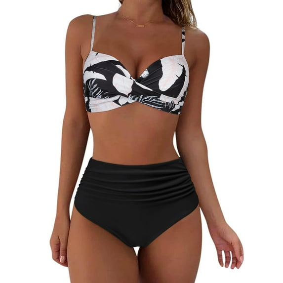 Linfrsh Two Piece Bikini Sets for Women High Waisted Bikinis Tummy Control Sexy Bathing Suit Bikini Top with Bottoms Athletic Swimwear White,2XL