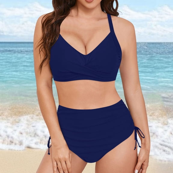 Linfrsh Two Piece High Waisted Bikini Set for Women 2025 Spaghetti Straps Swim Top with Reversible Bottom Bathing Suit for Women Tummy Control Blue,L