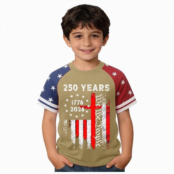 Linfrsh USA Flag Patriotic Shirt for Toddler Boys 250 Years American Flag T-Shirt Kids 4th of July Independence Day Tops(AG,8-9 Years)
