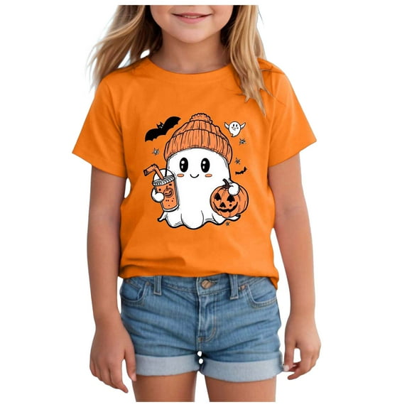 Linfrsh Uniform Shirts for Girls Halloween Short Sleeve Tops for Little Girls Children Cute Printed Round Neck Short Sleeve Casual T Shirt Top(Orange,3-4 Years)