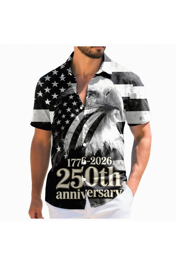 Us 250th Anniversary Shirt, Patriotic Shirt for Men Short Sleeve Button Up USA Memorial Day Shirts(Black,6XL)