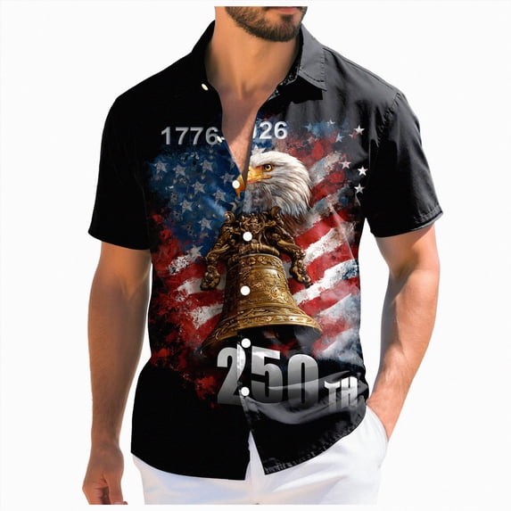 Linfrsh Usa 250th Anniversary Shirt, Patriotic Shirt for Men Hawaiian Shirt for Men Patriotic Short Sleeve Button Down Shirt, Independence Day Gifts(Black,S)