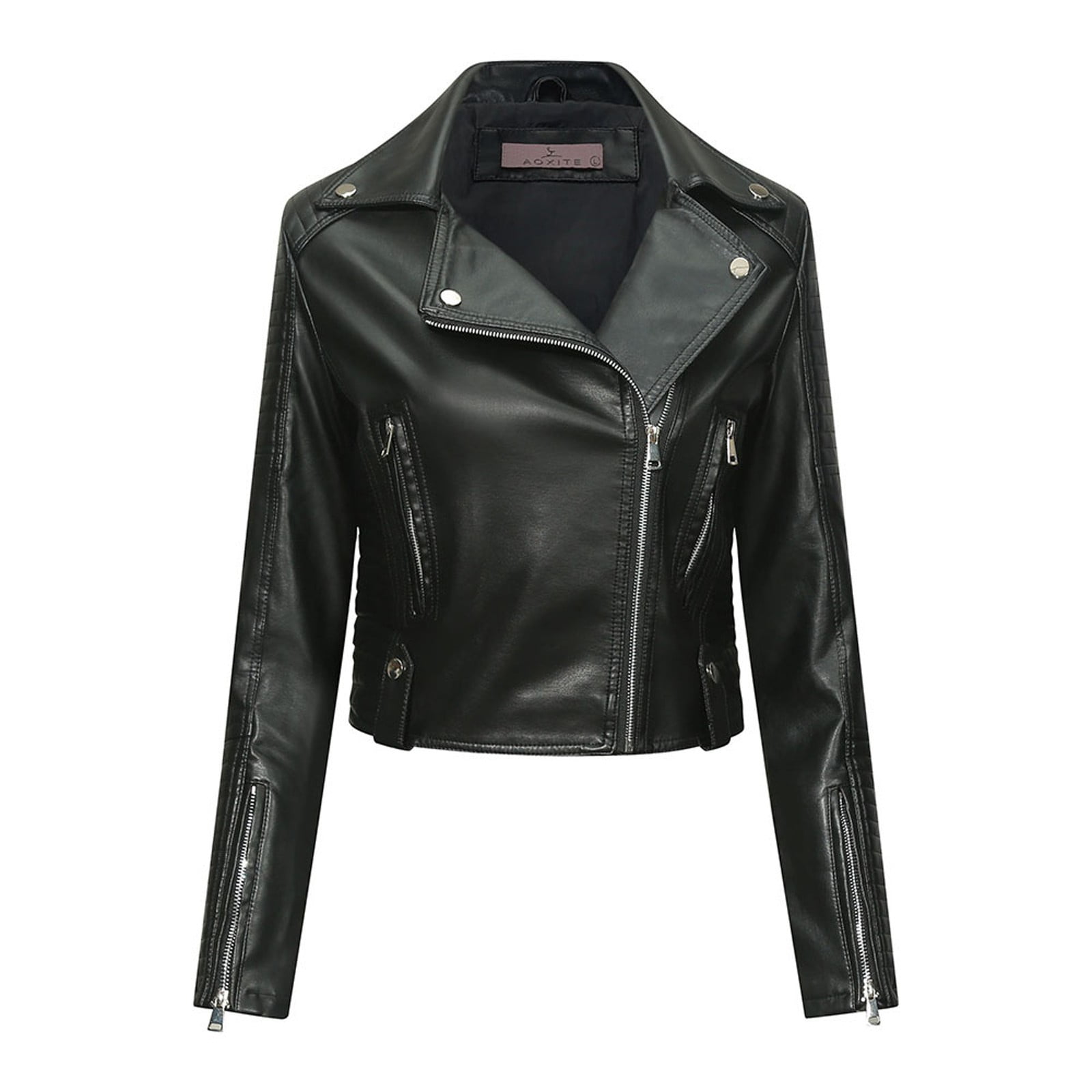 Linfrsh Women Classic Leather Cropped Jacket Lapel Zipper Moto Short Coat with Belt Black,L Linfrsh Women Classic Leather Cropped Jacket Lapel Zipper Moto Short Coat with Belt Black,L
