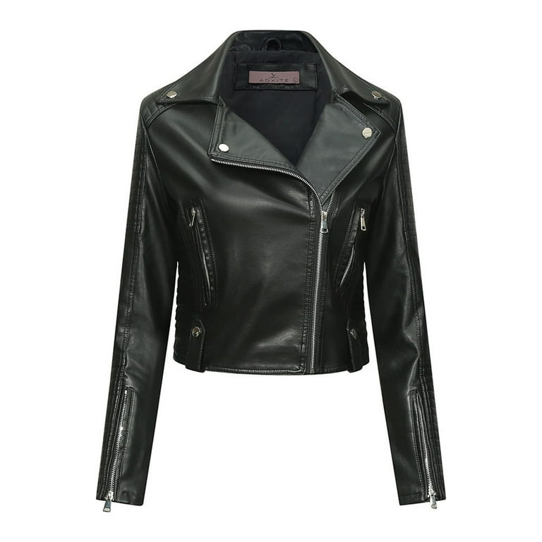 Linfrsh Women Classic Leather Cropped Jacket Lapel Zipper