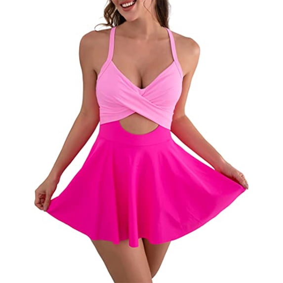 Linfrsh Women Cutout One Piece Skirt Swimsuit V Neck Wrap Tie Back Swimdress Tummy Control Bathing Suits Pink,L