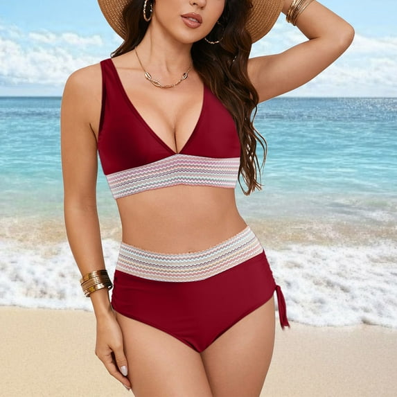 Linfrsh Women Two Piece Bikini Set High Waisted Color Block Swim Suit 2025 Summer Beach Womens Bathing Suit ,3XL